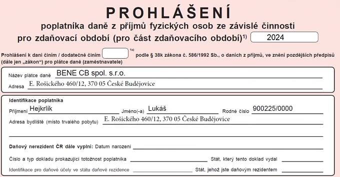 Prohlášení poplatníka daně z příjmů fyzických osob ze závislé činnosti pro rok 2024 | Bene CB