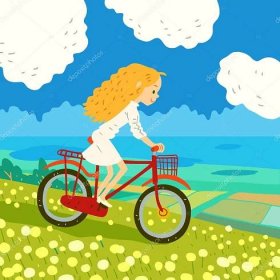 Kreslené dívky jedoucí na kole