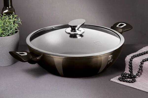 Pánev WOK s poklicí s mramorovým povrchem 30 cm Shiny Black Edition