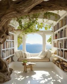 a living room filled with lots of books next to a large window covered in tree branches