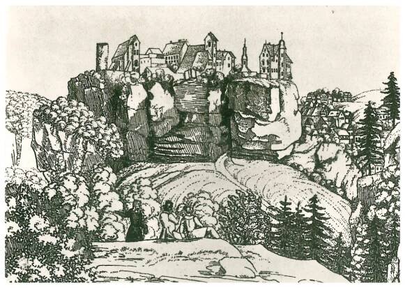 5 Blick vom Ritterfelsen zur Burg Anfang 19 Jh Holzschnitt