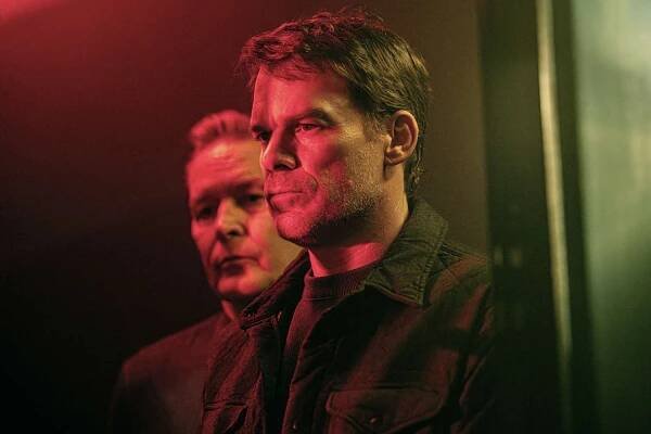 James Remar as Harry Morgan and Michael C. Hall as Dexter Morgan in Dexter: Resurrection.