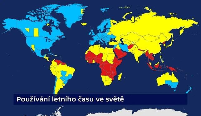 Střídání času: v modrých zemích se používá, ve žlutých bylo zrušeno a v červených se nepoužívalo nikdy
