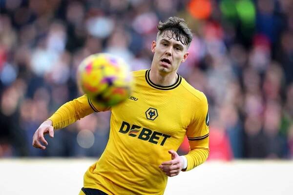 Jorgen Strand Larsen of Wolverhampton Wanderers playing soccer.