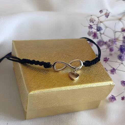 Náramek nekonečno srdce provázkový stříbro 925 černý nastavitelný Kód výrobce prezent upominek talizman amulet sznurek
