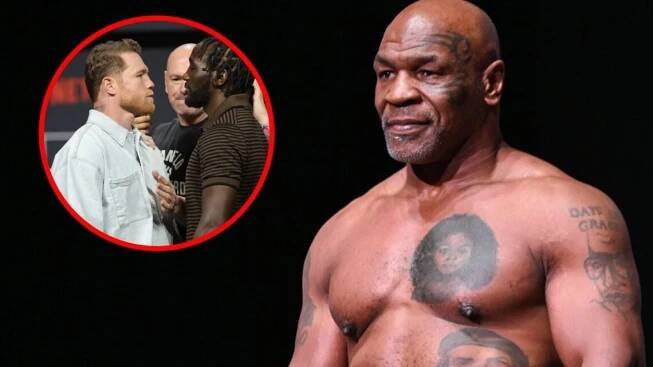 Mike Tyson weighs in for his fight with Jake Paul, inset of Canelo Alvarez and Terence Crawford facing off