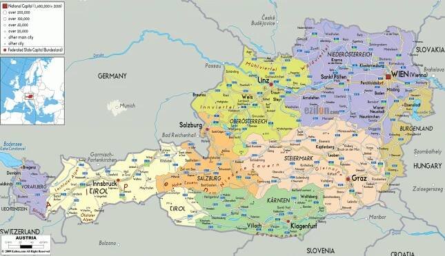 Mapa Rakouska – Jezera, rozdělení i Alpy • Rakousko