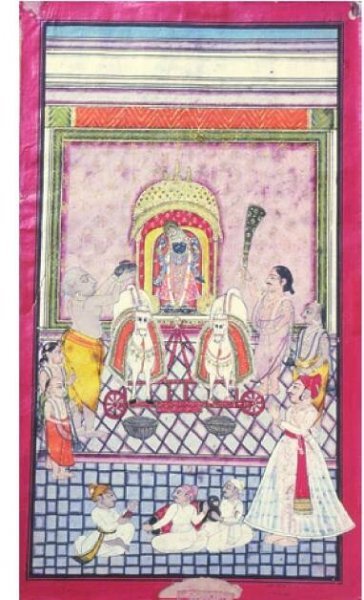 27 Shringar of Shri Mathureshji during the ratha-festival (chariot procession), folio 40 recto, Government Museum, Kota, Rajasthan/ India, dated 1805. Photo: author. 