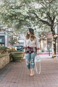 Stitch Fix Fall Outfit Wardrobe Rails Kendra Button Down Top 360 Cashmere Lois Cashmere V Neck Sweater Plaid Flannel Shirt Sweater Combo Distressed Jeans Express Nude Booties Marble Purse Bag