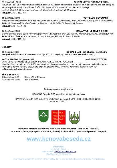 Program KC Nová Beseda Klánovice na KVĚTEN 2017 ke stažení. Poděkování startérům – Otevřené noviny