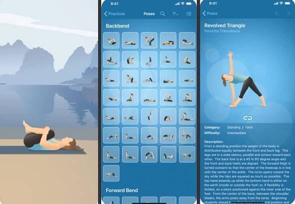 Three screenshots of Pocket Yoga for iOS.