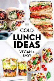 the collage shows different types of food and salads with text overlay that reads cold lunch ideas vegan + easy