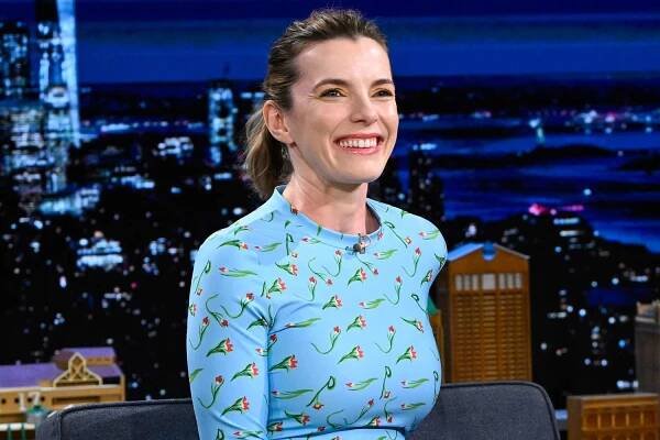 Actress Betty Gilpin during an interview with host Jimmy Fallon on Thursday, April 21, 2022