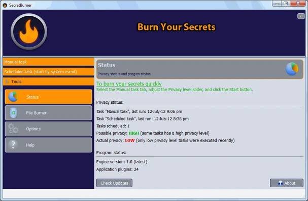 SecretBurner Help - Status 