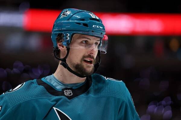 SAN JOSE, CALIFORNIA - JANUARY 18: Erik Karlsson #65 of the San Jose Sharks skates on the ice for the duration of their game in opposition to the Dallas Stars at SAP Center on January 18, 2023 in San Jose, California. (Photograph by Ezra Shaw/Getty Pictures)