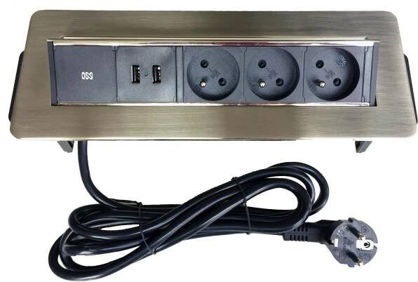 IN Výklopná lišta, 3 zásuvky + 2 USB