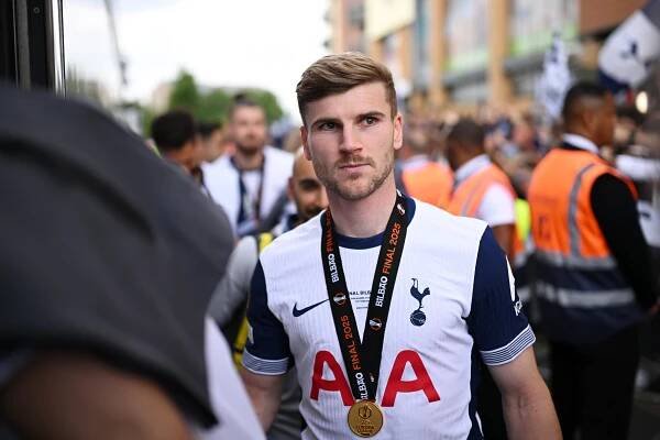 Timo Werner of Tottenham Hotspur looks on during the Tottenham Hotspur UEFA Europa League trophy parade on May 23, 2025.