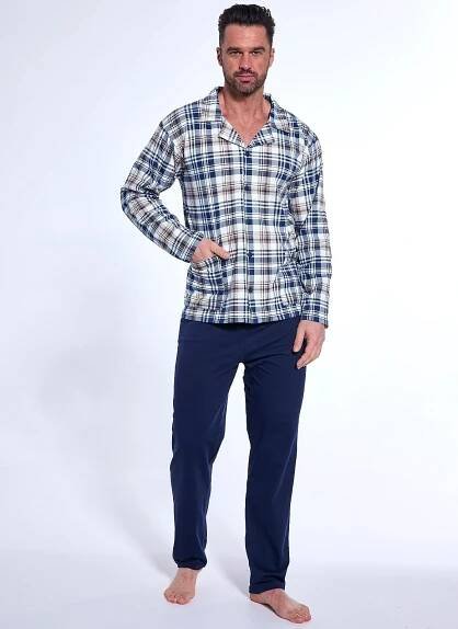 Pyžamo Cornette 114/77 dlouhé/r M-2XL rozepínací tmavě modrá - mřížka XXL