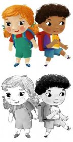Kreslené dítě kluk a dívka žáci jít do školy učení dětství ilustrace pro děti — Stock obrázek