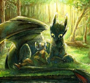 Young Hiccup and Toothless in forest, resting.