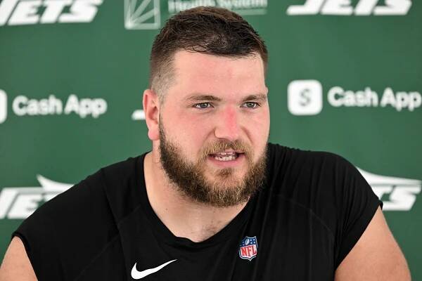 Jets center Josh Myers speaks to the media after practice at training camp in Florham Park, NJ