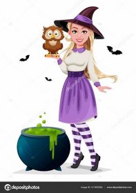 Stáhnout - Šťastný Halloween. Krásná čarodějnice kreslený postava drží roztomilé sovy a stojí u kotle s lektvarem. Vektorová ilustrace na bílém pozadí — Ilustrace