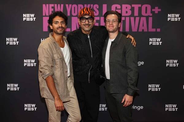 Karan Soni, Ali Sethi, and Jonathan Groff attend "A Nice Indian Boy" premiere during the opening night of NewFest at SVA Theater on October 10, 2024 in New York City