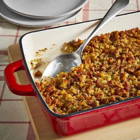Rotisserie Chicken and Stuffing Casserole recipe in a red casserole dish