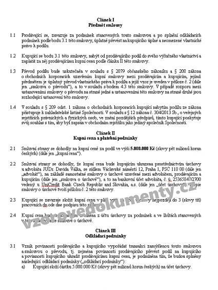 Smlouva o převodu obchodního podílu v s.r.o. - podrobná podle § 208 ZOK - vzor s výkladem | Vzory smluv, vzory plných mocí