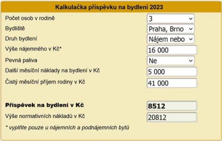 Příspěvek na bydlení 2023 - kalkulačka: 6.129 Kč měsíčně dostanou 2 osoby v nájemním bytě v Brně s náklady 20.000 Kč a příjmem 40.000 Kč. | Kurzy.cz
