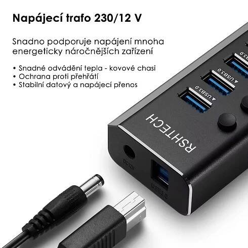 16 portový USB 3.0 hub s vlastním napájecím adaprérem, hliníkové chasi a ochrana proti přehřátí.