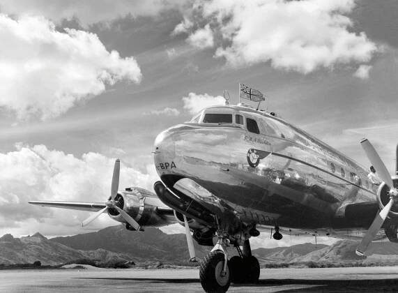 Anonymous photographer. 'British Commonwealth Pacific Airways (BCPA) Douglas DC-4 R.M.A. Resolution at Nadi Airport, Fiji' 1948 from the exhibition 'Australian Airliners Across the Pacific' at SFO Museum, San Francisco international airport, March 2021 - November 2022