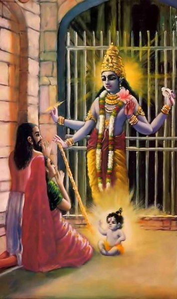 Krishna appears as four-handed Visnu in the prison of King Kamsa. 