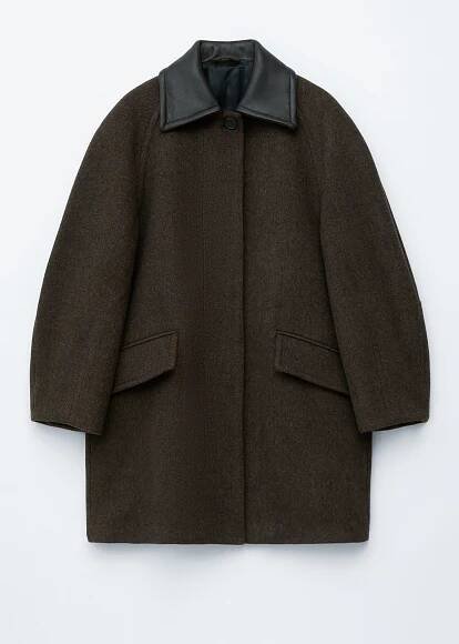 Oversized Leather-Collar Wool Coat