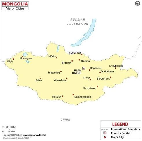Mongolsko mapa s městy