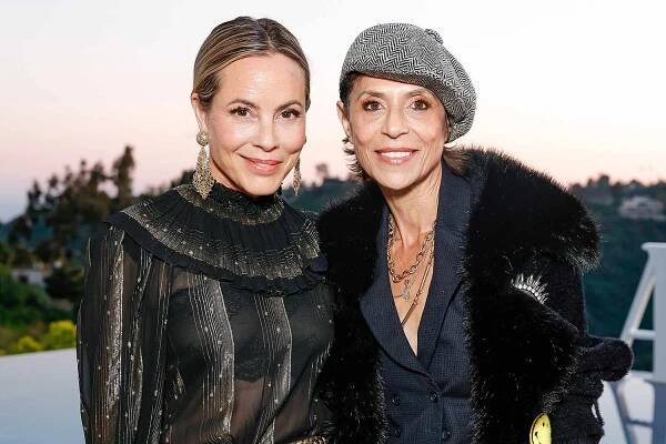 Maria Bello and Dominique Crenn pose as Audemars Piguet hosts a special evening with John Mayer to Celebrate latest collaboration at a private residence on April 16, 2024 in Bel Air, California. 