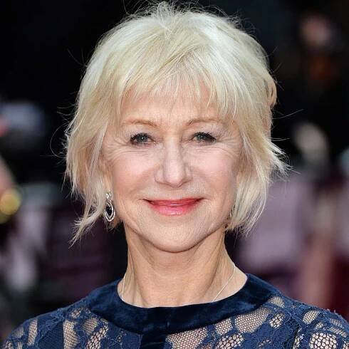 Helen Mirren with a piecey short shag and pink lip gloss in 2016