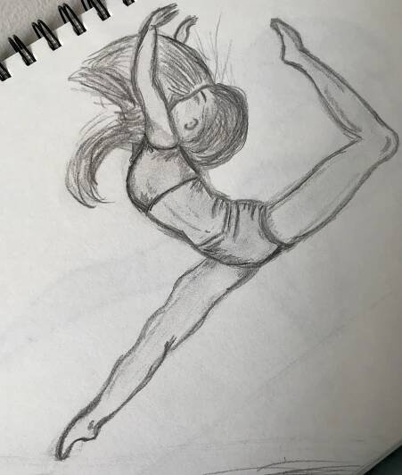 a pencil drawing of a woman doing a dance pose on the floor with her arms in the air
