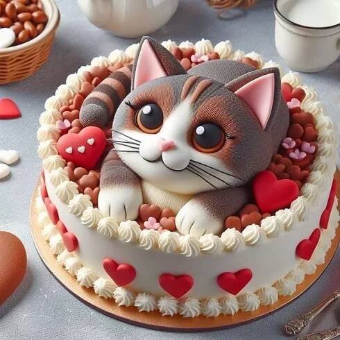 there is a cake decorated with a cat on the top and hearts in the middle