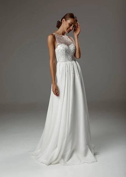 Patricia gown, 2020, couture, dress, bridal, off-white, chiffon, embroidery, A-line, discount, sale