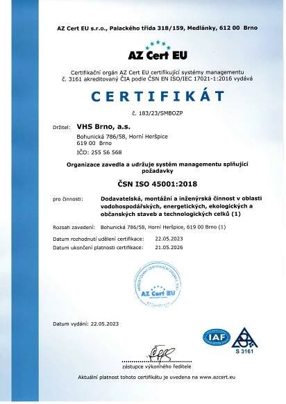Certifikáty - VHS Brno, a.s. - inženýrské a ekologické stavby