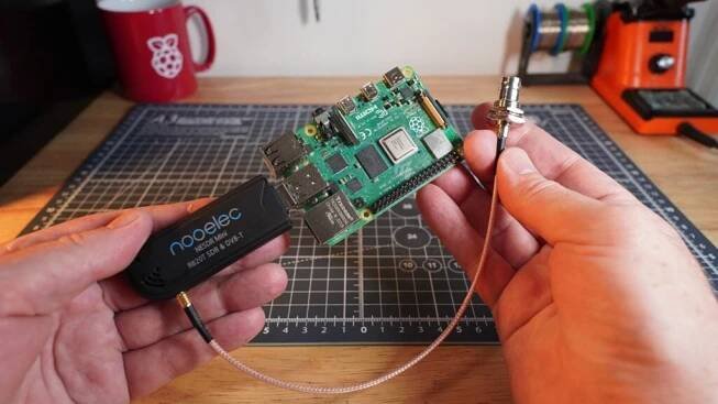 Raspberry Pi 4 Model B with USB SDR and MCX Male to BNC Female adaptor