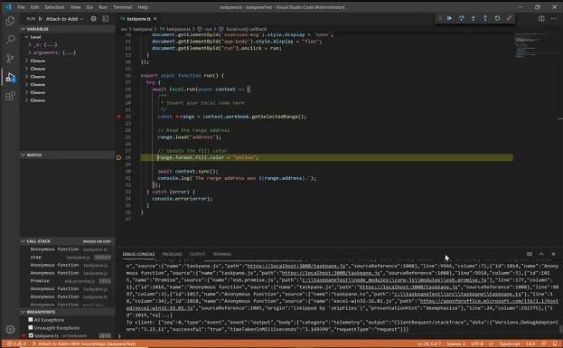 Office Add-in Debugger Extension debugging a section of Excel add-ins.