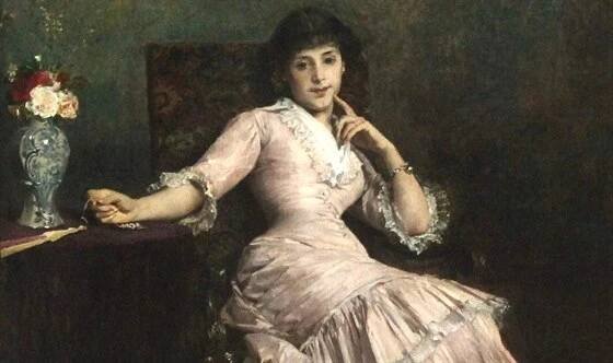 Dáma v růžovém šatě. Obraz Hynais namaloval roku 1880.
