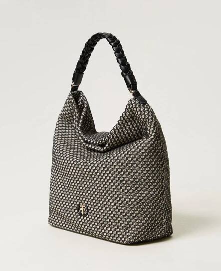 Mesh-effect canvas hobo bag Black Woman 251TD8321_00006_02
