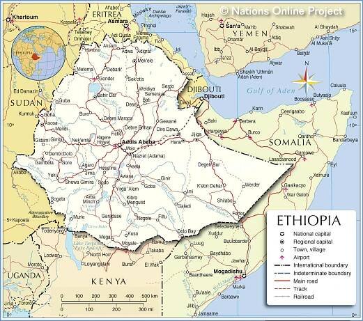 Map of Ethiopia and surrounding countries.