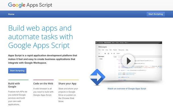 Screenshot of Google Apps Script marketing page