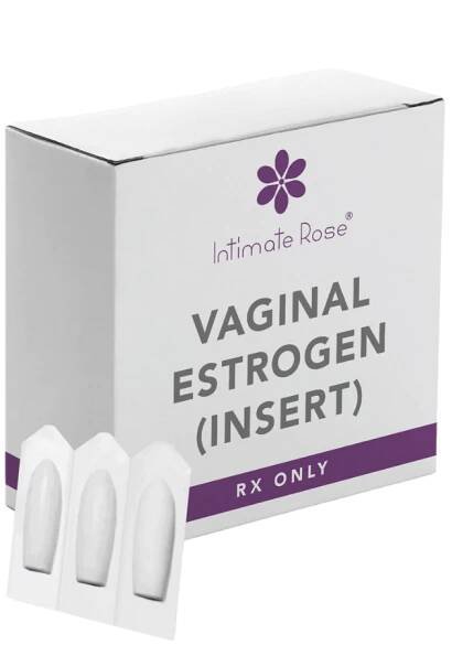 Box labeled 'Vaginal Estrogen (Insert)' with three white suppositories.