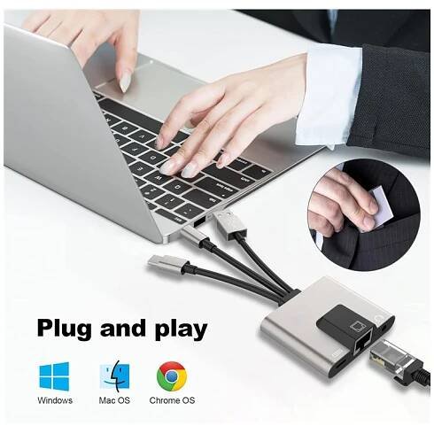 NK-1056S 3v1 redukce - RJ45 / 3,5 mm jack / USB-C na USB-C / Lightning / USB-A - šedá - Appleking.cz