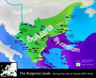 Basil II. Bulharobijec - Mapa bulharských zemí za vlády cara Samuela (997-1014)
Todor Bozhinov, CC BY-SA 3.0, https://commons.wikimedia.org/w/index.php?curid=2326062